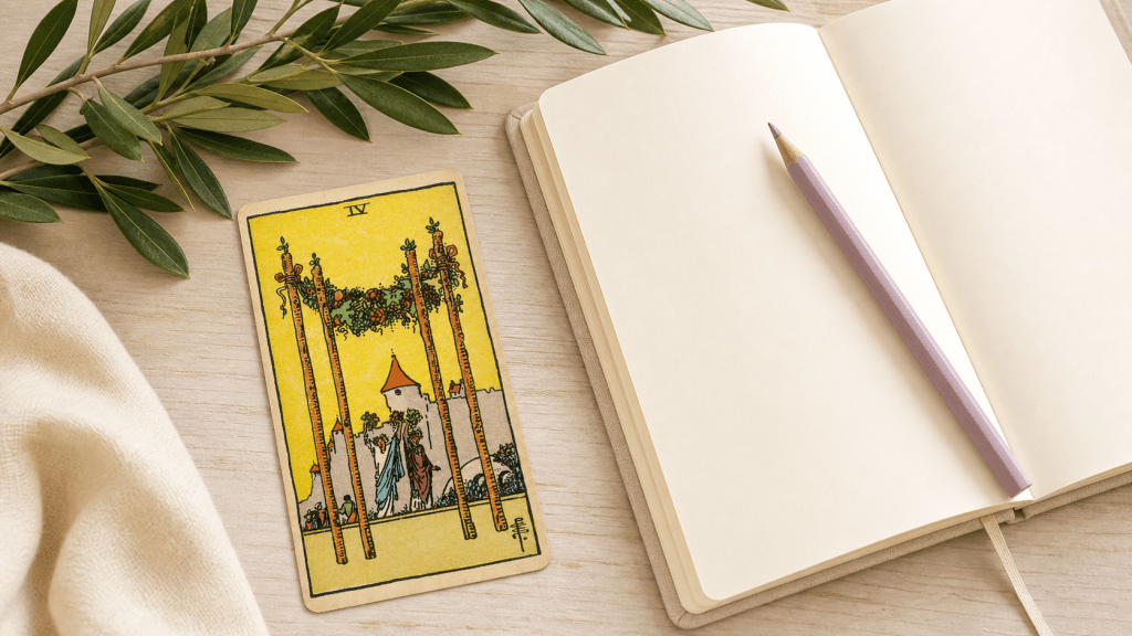 Cuatro de Bastos del tarot Rider-Waite-Smith junto a un cuaderno de reflexión