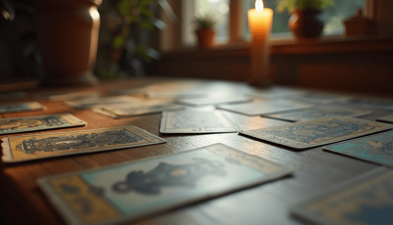 Tirada de tarot sobre una mesa de madera