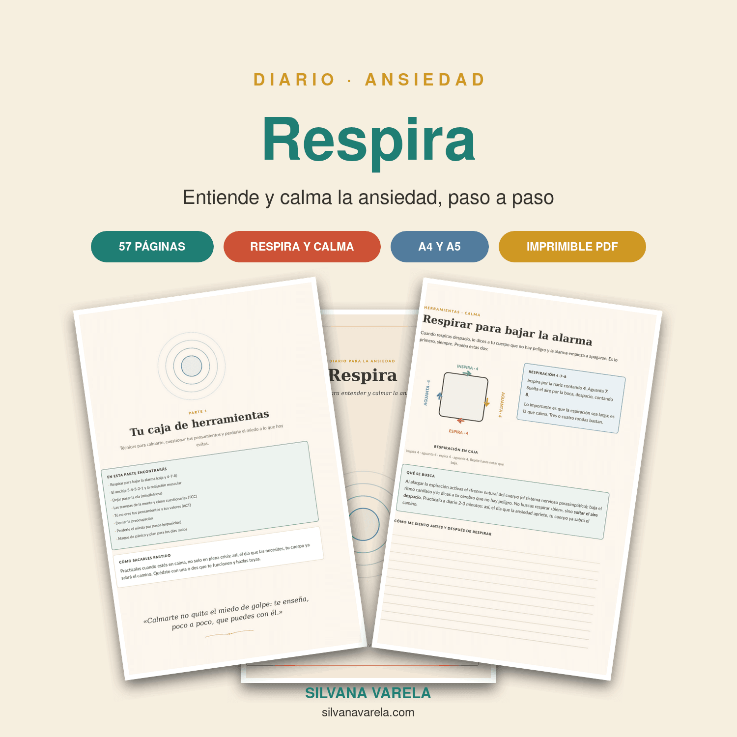 Diario de la Ansiedad «Respira» — herramientas para calmar la ansiedad (PDF imprimible)