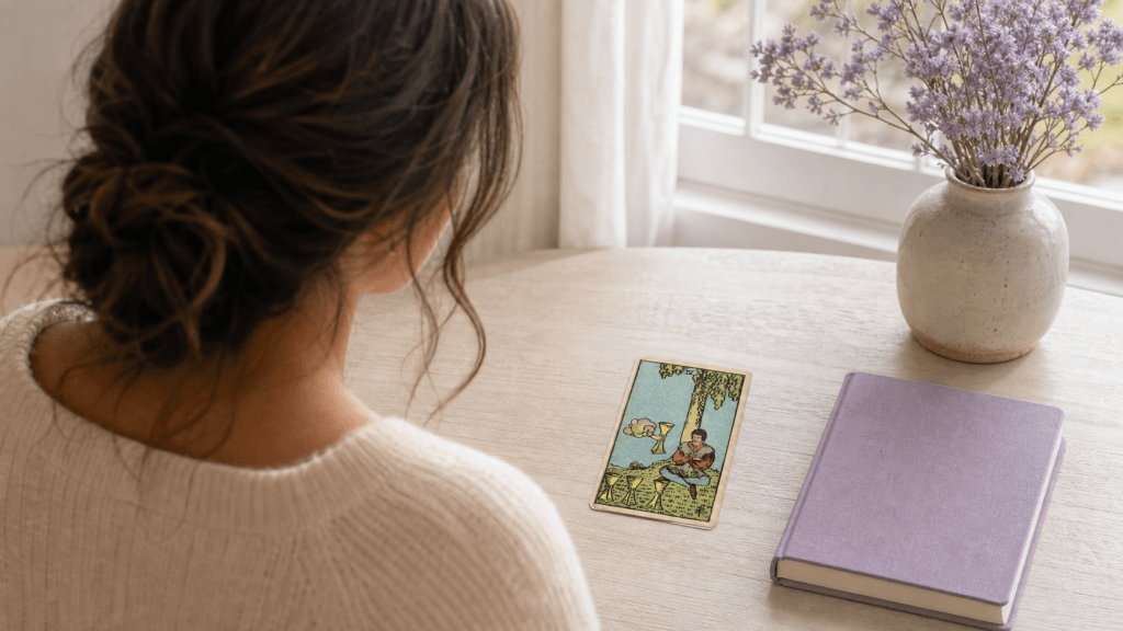 Mujer reflexionando ante el Cuatro de Copas del tarot Rider-Waite-Smith