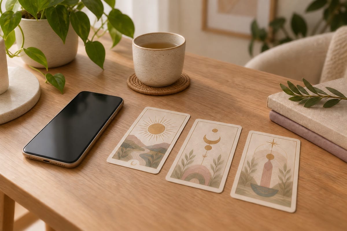 Teléfono junto a tres cartas de tarot sobre una mesa de madera clara